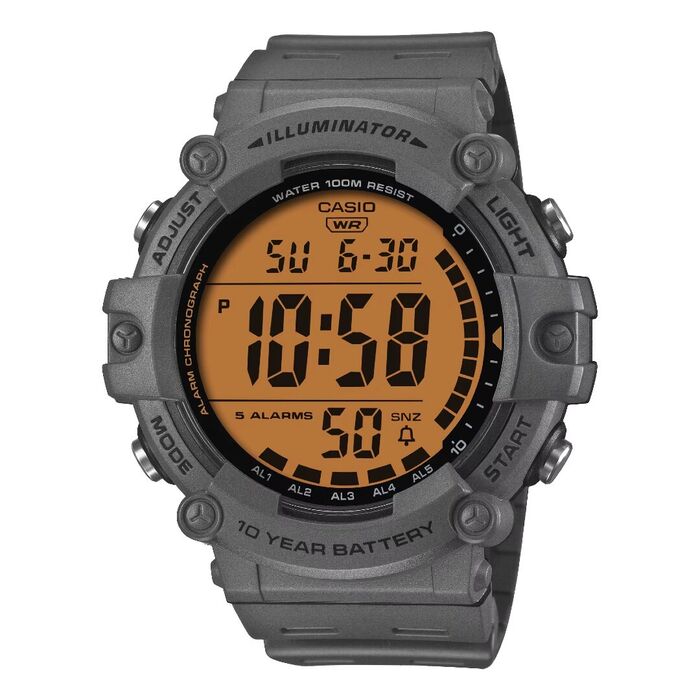 Relógio Casio digital com mostrador laranja com cronógrafo, calendário e bracelete em resina.