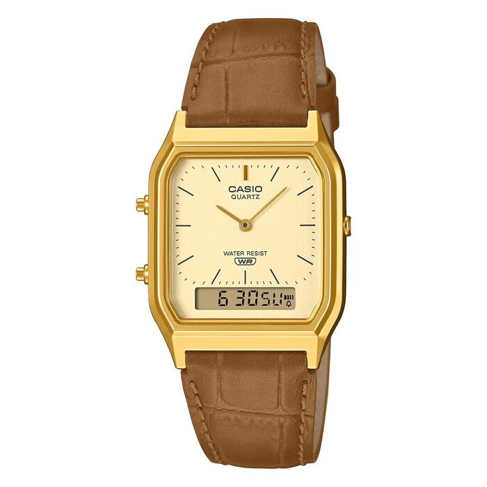 Relógio Casio com mostrador dourado, bracelete pele castanha com mostrador digital e analógico.