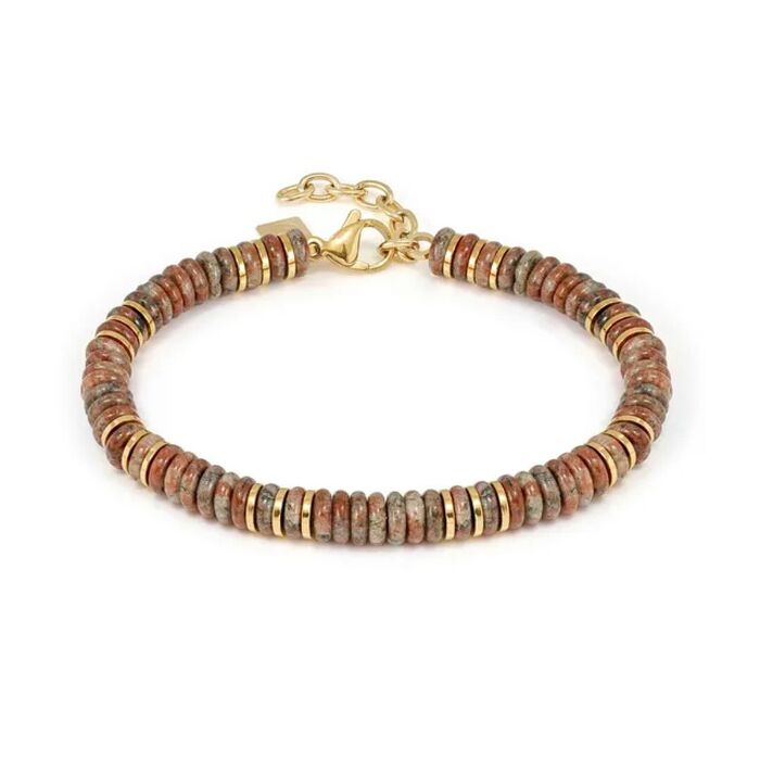 Pulseira dourada Nomination com uma malha de pedras naturais castanhas e aros dourados.