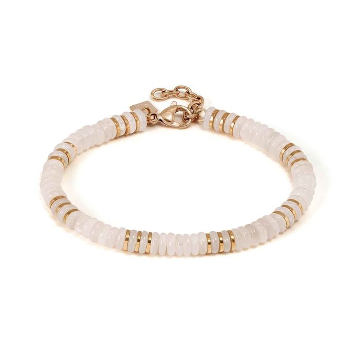 Pulseira Nomination com uma malha de pedras naturais em rosa e aros em rose gold.
