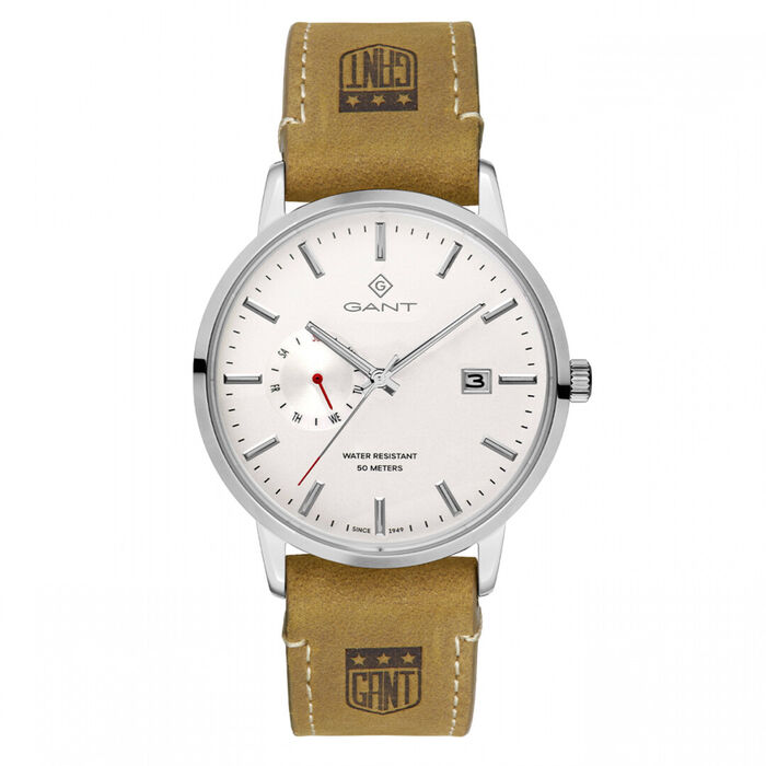 Relógio masculino da Gant com a bracelete em pele castanha com o mostrador branco com calendário.