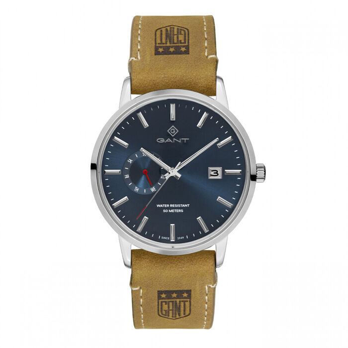 Relógio masculino da Gant com a bracelete em pele castanha com o mostrador azul.