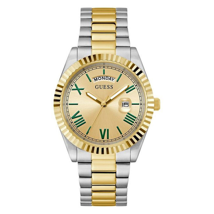 Relógio Guess masculino com bracelete bicolor com função de calendário.