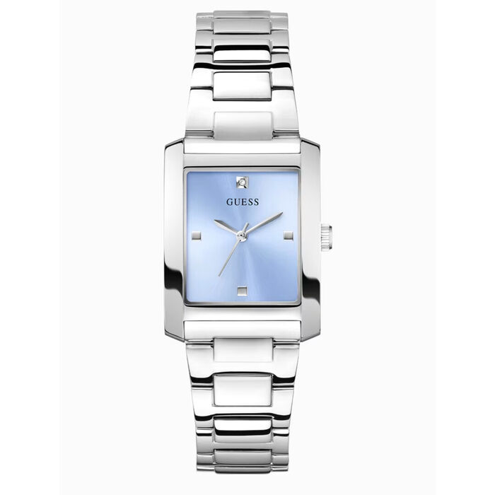 Relógio Guess feminino com caixa e bracelete prateado, com mostrador azul com diamante no mostrador.