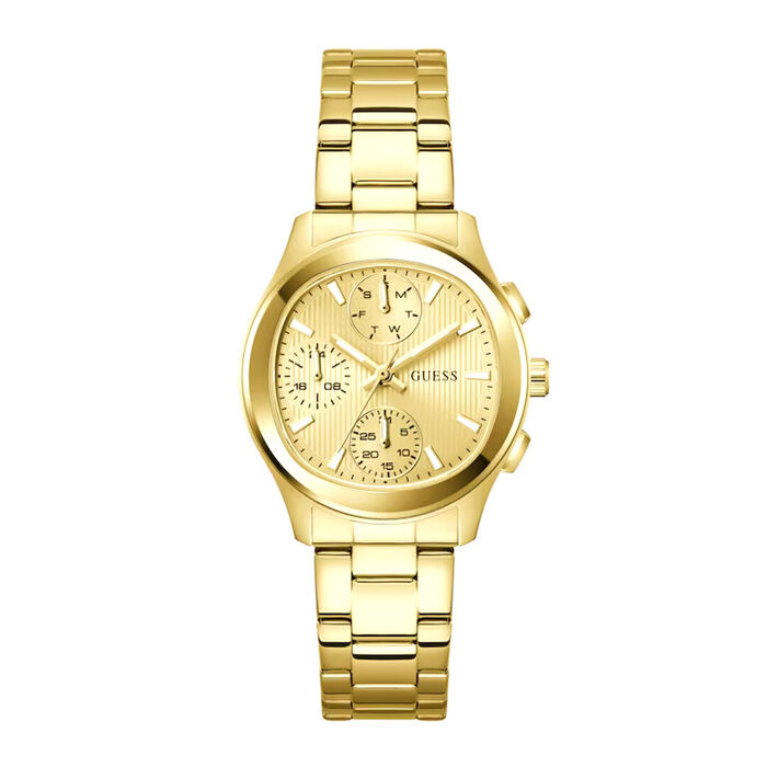 Relógio dourado com bracelete de elos e mostrador redondo com três submostradores