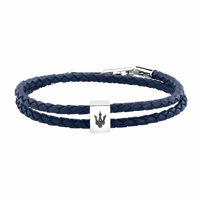 Pulseira dupla trançada azul com fecho metálico e placa retangular com tridente