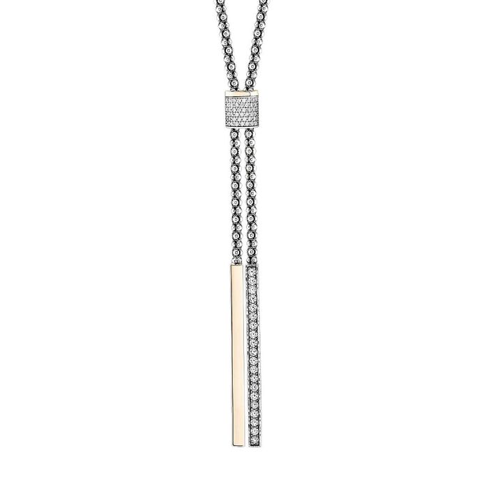 Colar Tashi de fecho deslizante com zircónias, terminando com duas barras em dourado e com pedras.