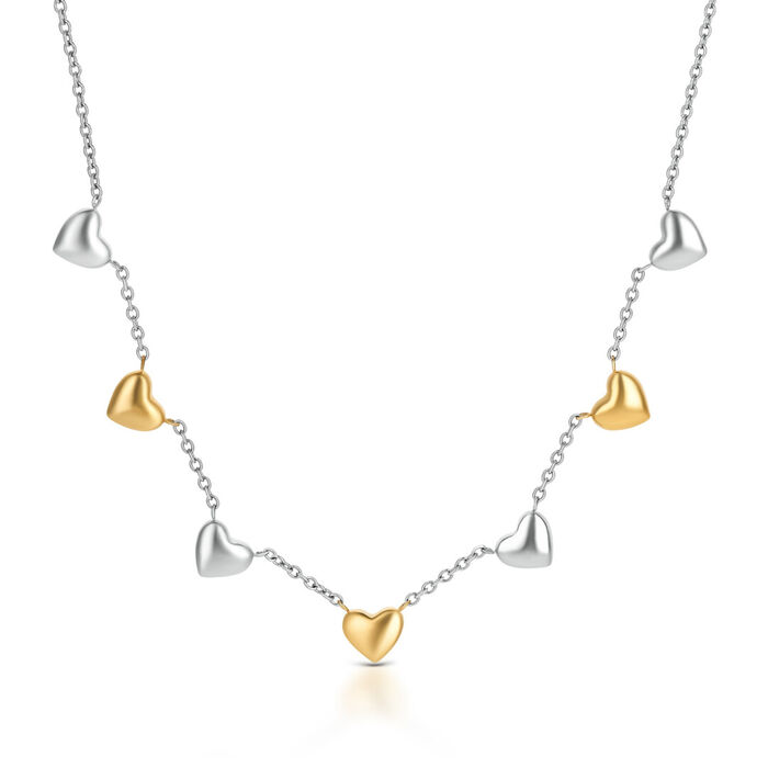 Colar feminino One em aço com pendentes em forma de corações em prateado e dourado.
