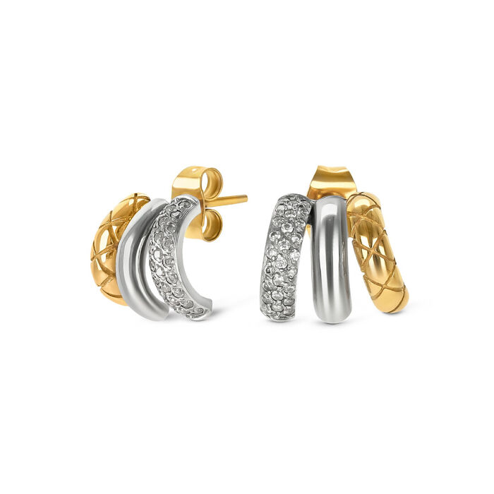 Brincos femininos One com 3 semi-argolas, em dourado com frisos, em prateado polido e com zircónias.
