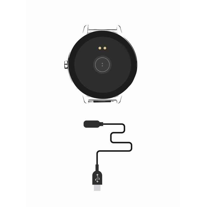 Vista traseira preta de um smartwatch feminino One e um cabo de carregamento, à parte, do modelo.