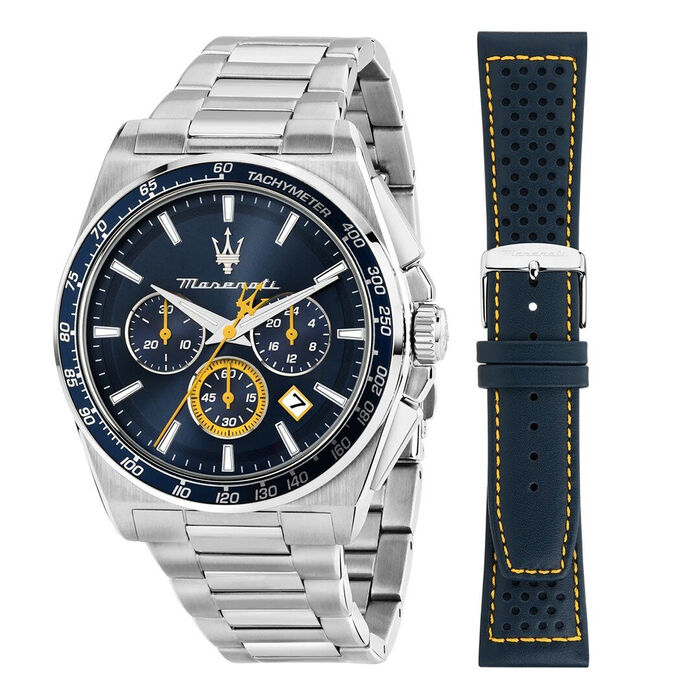 Uma box de relógio da Maserati com duas braceletes, uma prateada em aço e outra azul em couro.