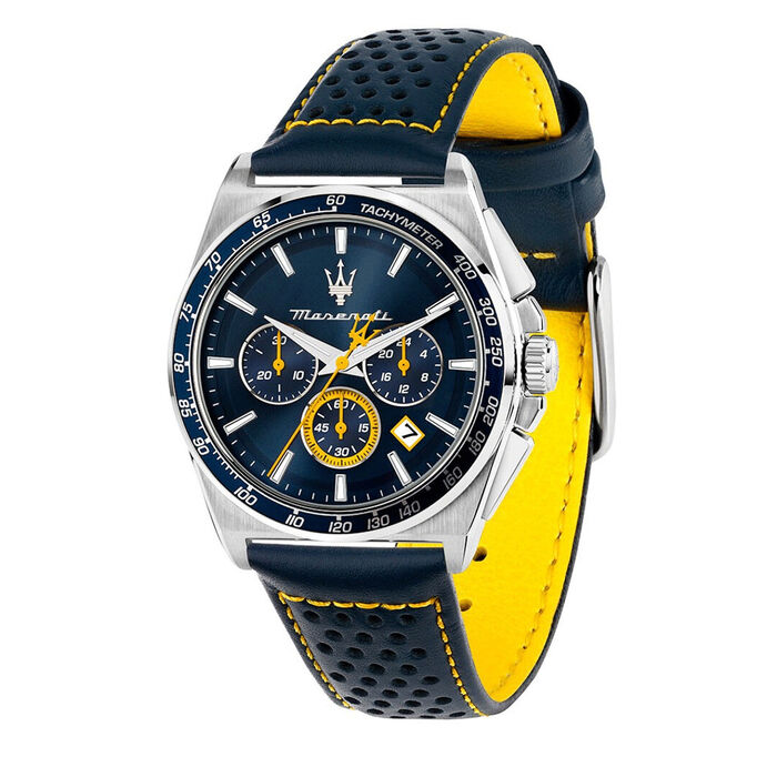 Um relógio Maserati com bracelete em couro azul, com as funções de calendário e cronógrafo.