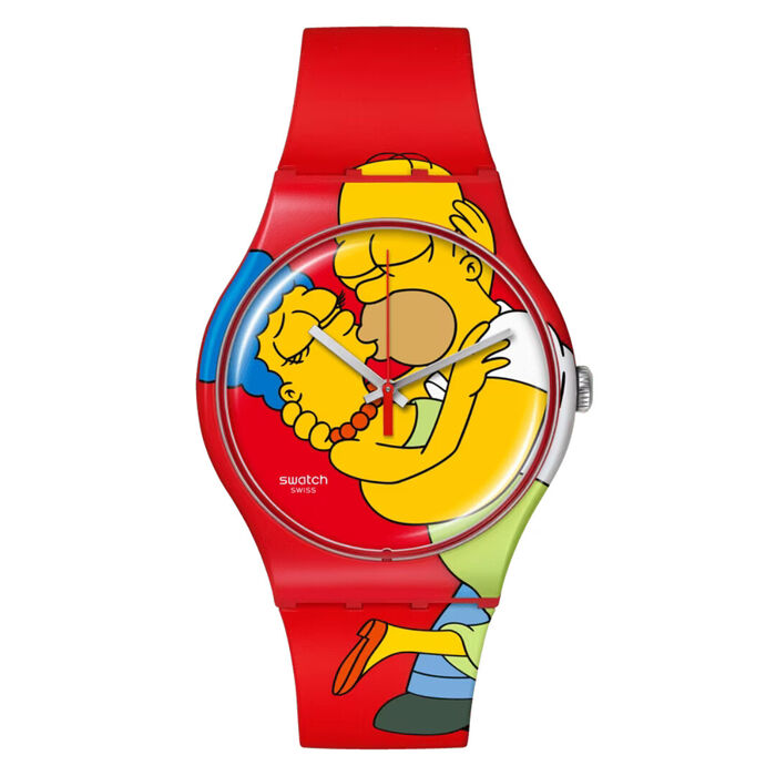 Relógio Swatch vermelho com bracelete e mostrador com as personagens Homer e Marge dos Simpsons.