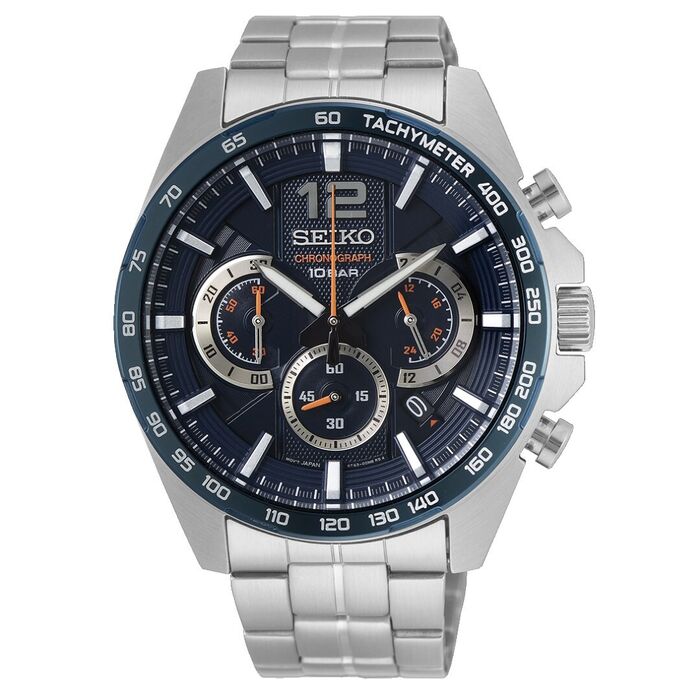 Relógio masculino Seiko Neo Sport, com bracelete e caixa em aço prateado, mostrador cronógrafo azul.