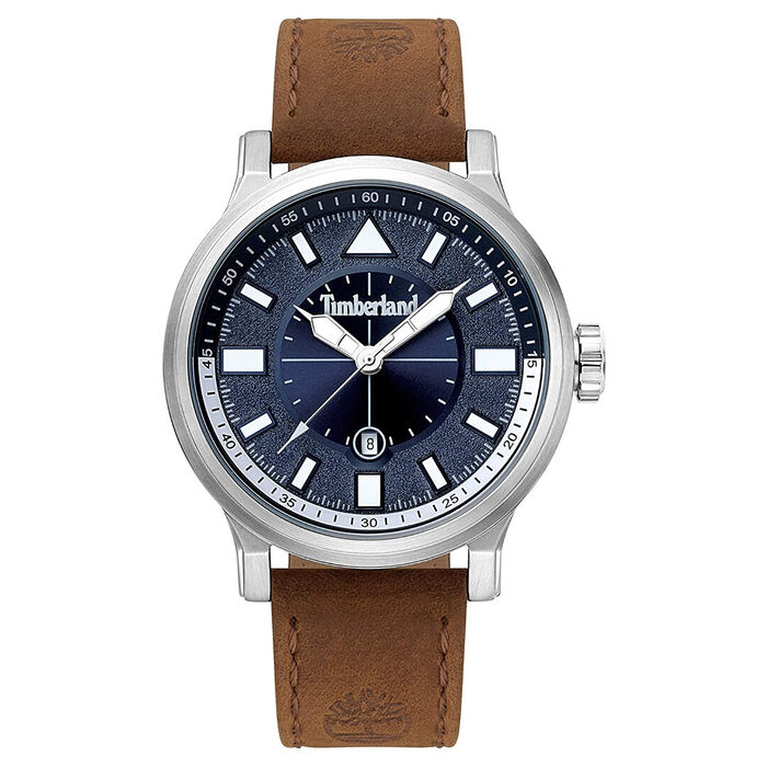 Relógio masculino analógico da Timberland com bracelete em pele e com um mostrador com calendário.