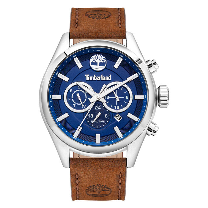 Relógio analógico Timberland com bracelete castanha em pele e um mostrador cronógrafo azul.