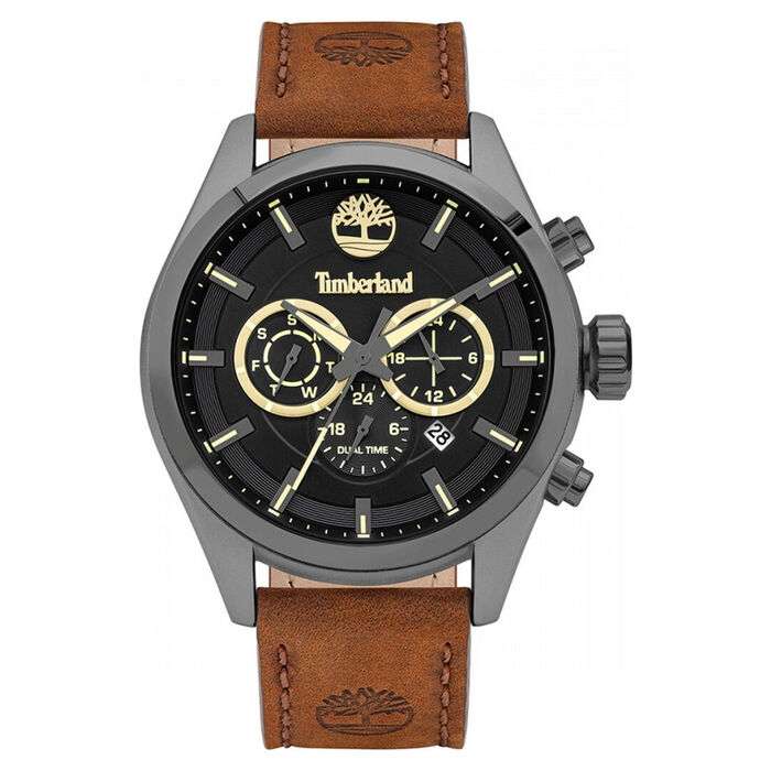 Relógio analógico Timberland com bracelete castanha em pele e um mostrador cronógrafo preto.