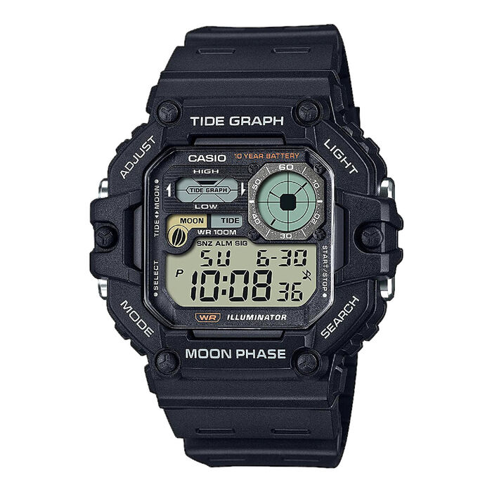 Relógio Casio digital preto com mostrador quadrado e indicadores de maré e fase lunar