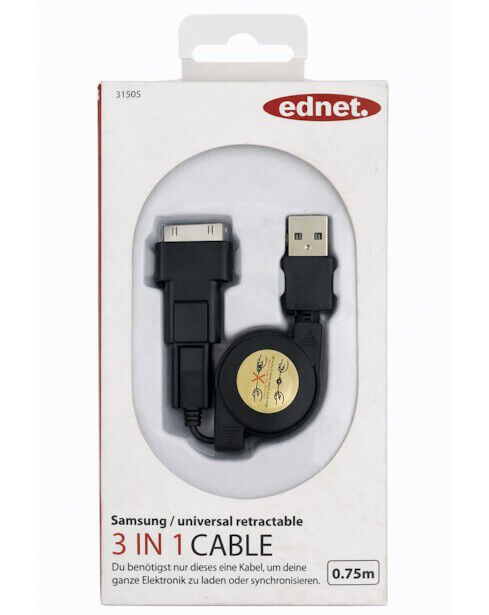 ednet Retractable 3‑in‑1 Cable Cabo Retrátil Universal 0,75 m | Novo