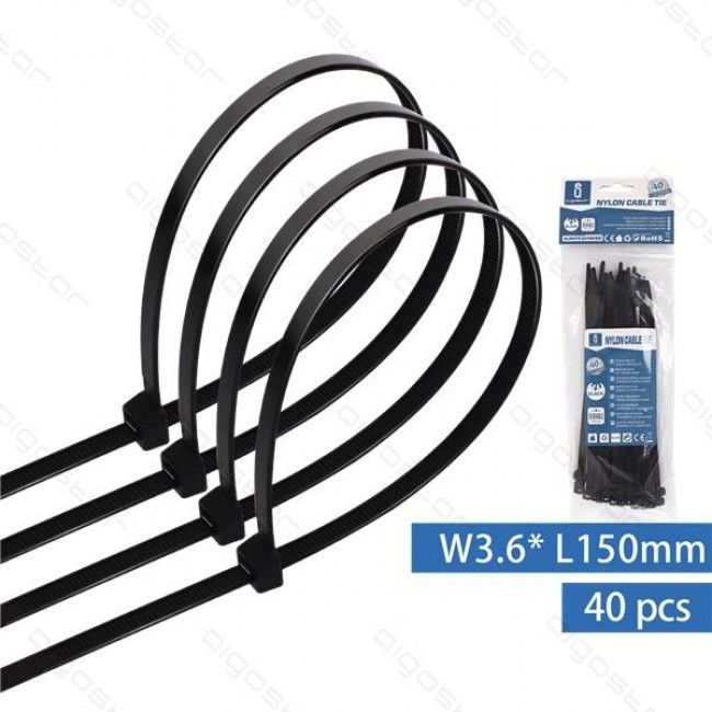 Abraçadeiras de Nylon 150x3.6mm Aigostar Pretas - Pack 40 unidades