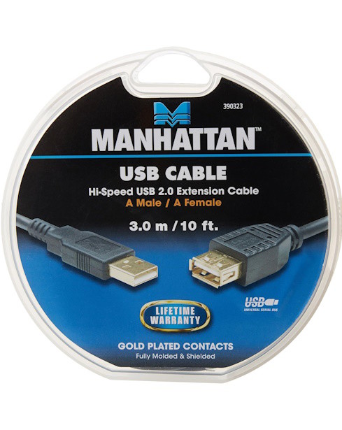 Manhattan, 10 feet Hi-Speed USB 2.0 A/Male to A/Female Extension Cable, Black | Novo 0