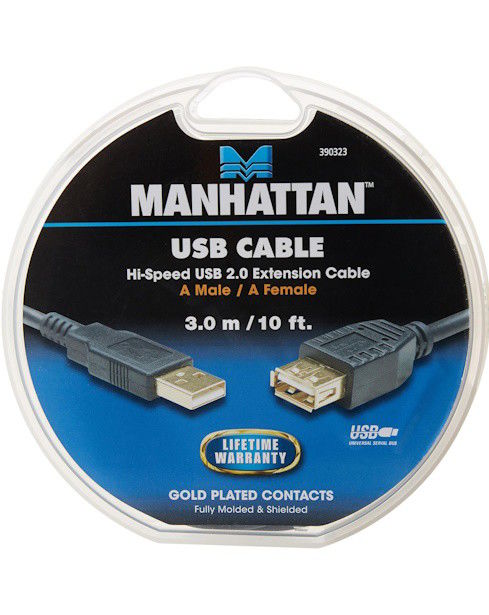 Manhattan, 10 feet Hi-Speed USB 2.0 A/Male to A/Female Extension Cable, Black | Novo