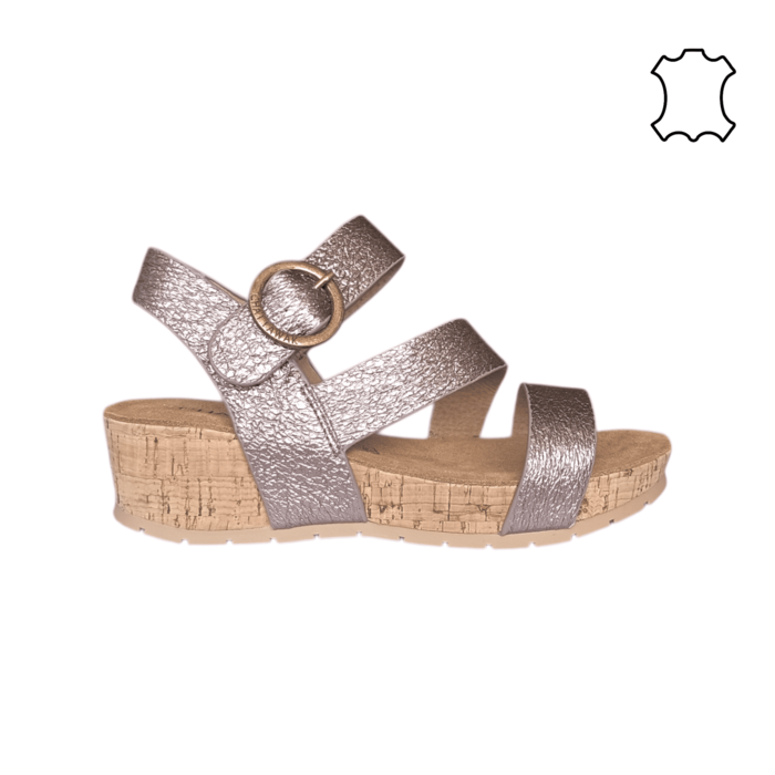 Sandália Feminina em Pele Bronze Metalizado com Cunha Cortiça 5cm | Fivela Redonda | Marca Chattawak | S-Encomenda