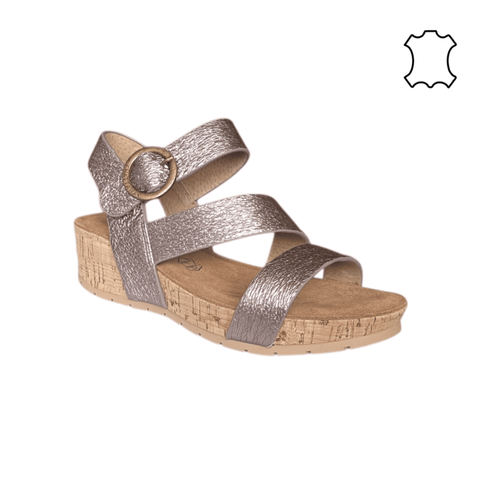 Sandália Feminina em Pele Bronze Metalizado com Cunha Cortiça 5cm | Fivela Redonda | Marca Chattawak | S-Encomenda