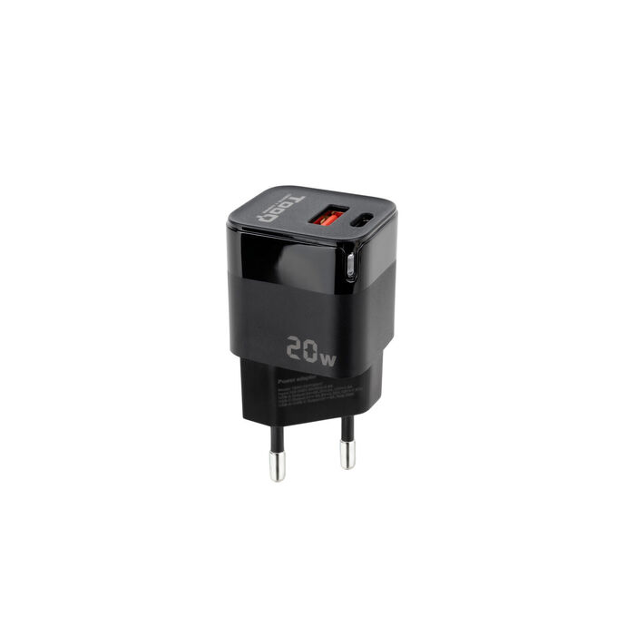 Carregador Tooq USB-C/PD 20W + USB-A/QC 20W Preto