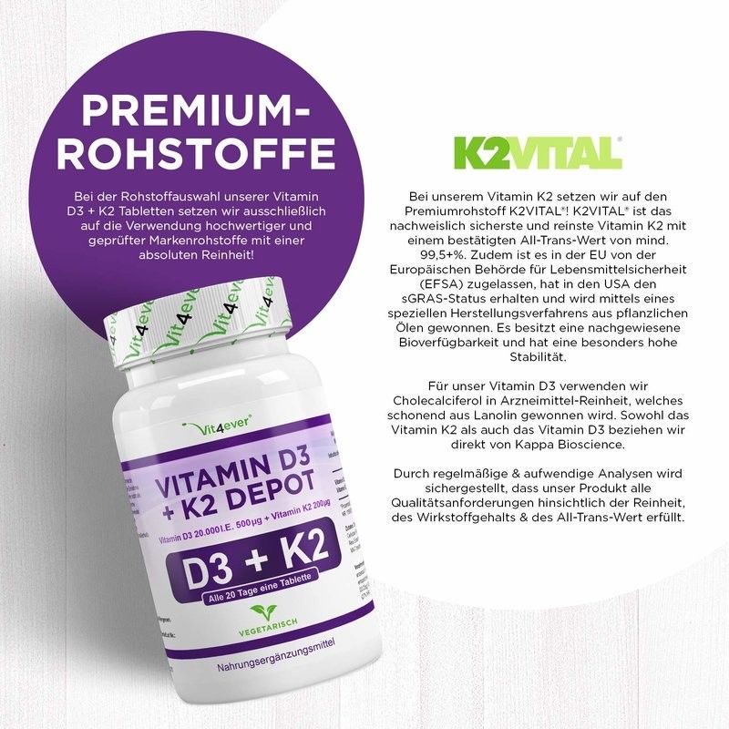 Vitamina D3 20.000UI + Vitamina K2 200mcg - 100 comprimidos