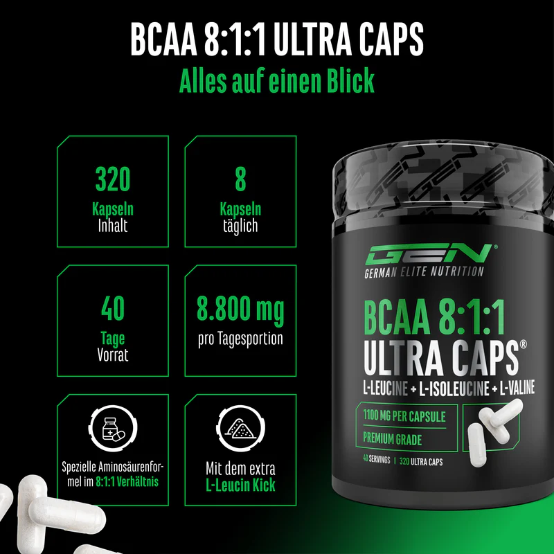 BCAA Ultra 1100mg 8: 1: 1 - L-leucina, L-isoleucina, L-valina - 320 cápsulas