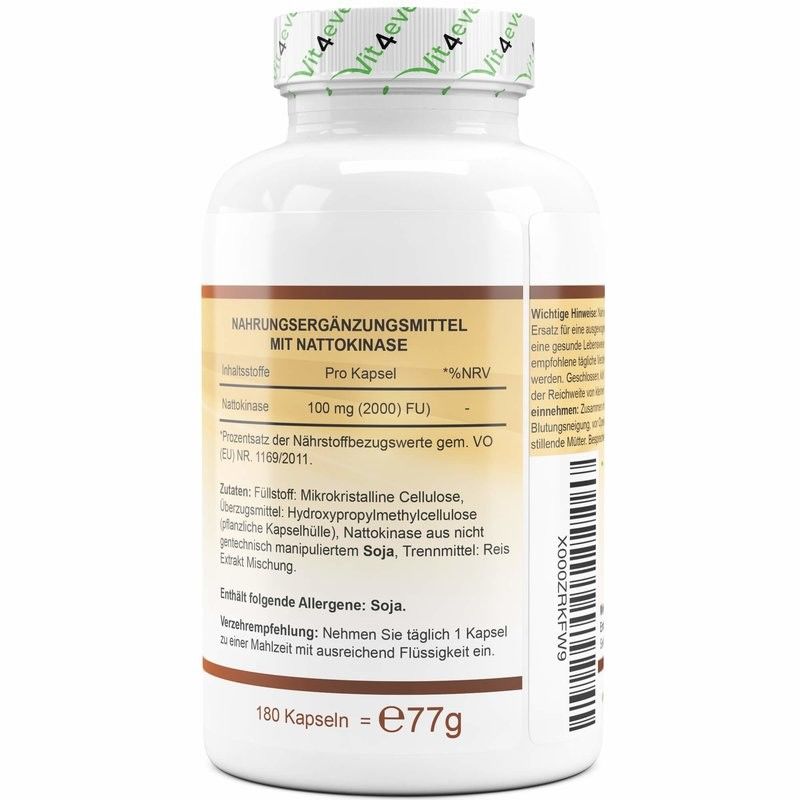 Nattokinase 100mg  (20.000 FU por g = 2.000 FU por cápsula) - 180 cápsulas vegan