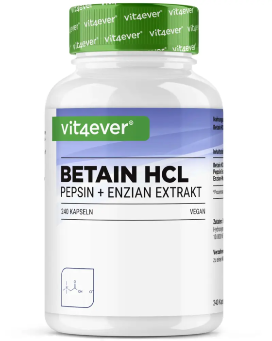 Betaína HCL 695mg - com pepsina + extrato de genciana - 240 cápsulas