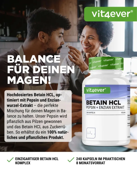 Betaína HCL 695mg - com pepsina + extrato de genciana - 240 cápsulas