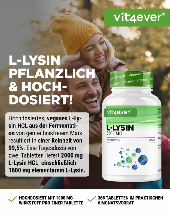 L-Lisina 2000 - 1000 mg - 365 comprimidos vegan