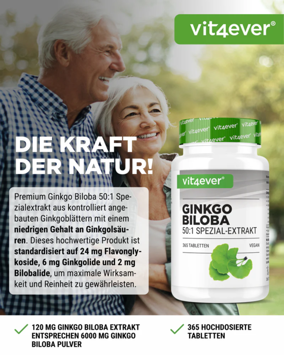 Ginkgo Biloba 6000mg - Extrato Especial de Ginkgo - 365 comprimidos vegan