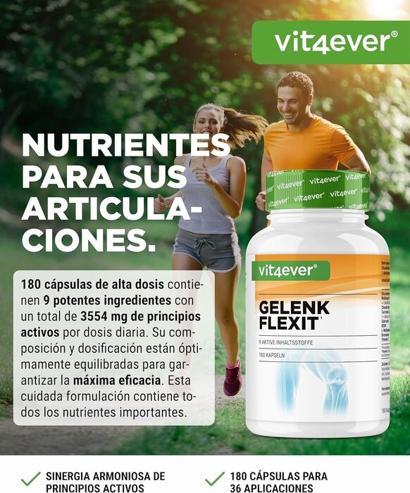 Articulações e músculos mais fortes - 9 ingredientes - 180 cápsulas