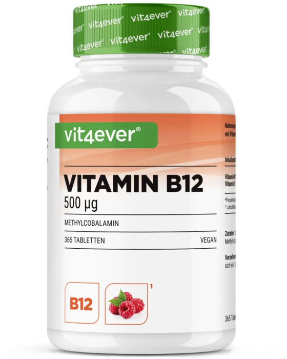 Vitamina B12 500 mcg - B12 Metilcobalamina Ativa - 365 Pastilhas - Sabor Framboesa
