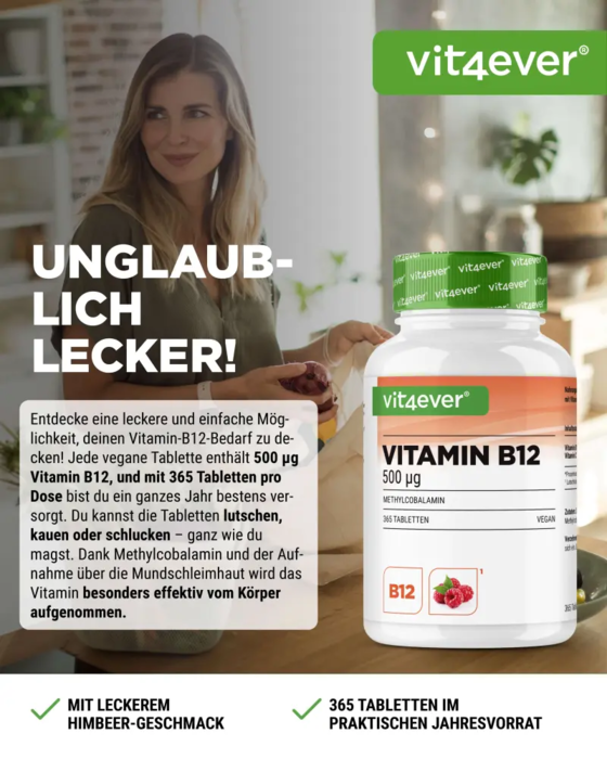 Vitamina B12 500 mcg - B12 Metilcobalamina Ativa - 365 Pastilhas - Sabor Framboesa