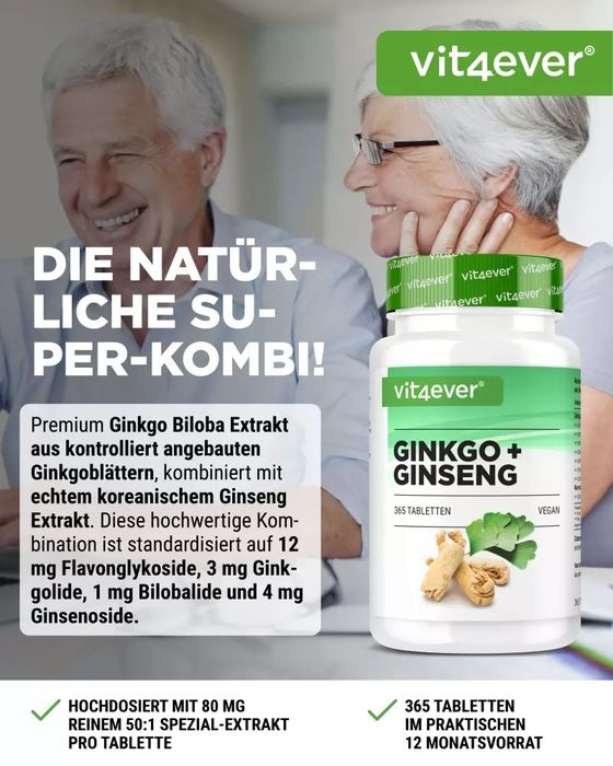 Ginkgo + Ginseng - Extrato Especial de Ginkgo e Ginseng - 365 comprimidos vegan