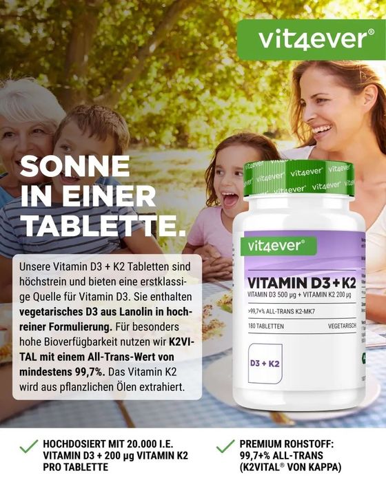 Vitamina D3 20.000UI + Vitamina K2 200mcg - 180 comprimidos