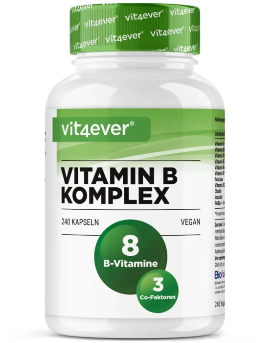 Complexo de vitamina B Intenso - todas as 8 vitaminas B + 3 cofatores - 240 cápsulas vegan