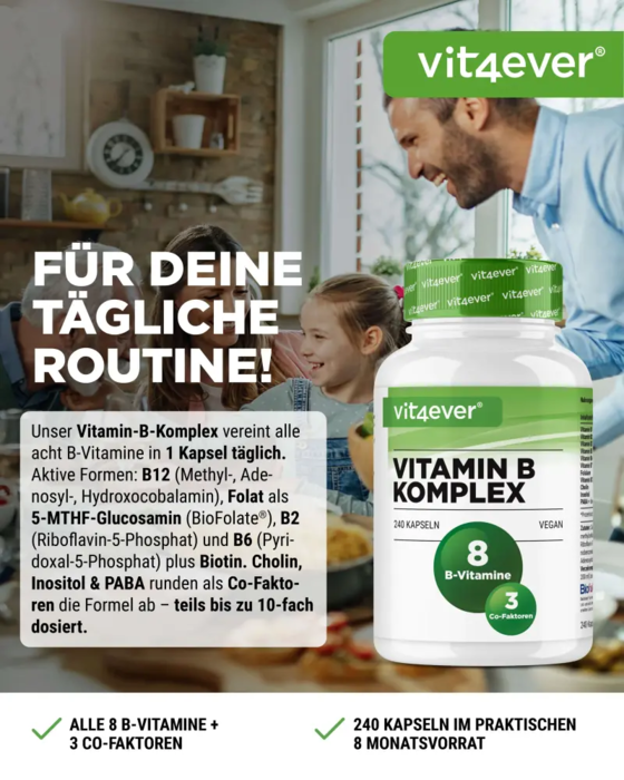 Complexo de vitamina B Intenso - todas as 8 vitaminas B + 3 cofatores - 240 cápsulas vegan