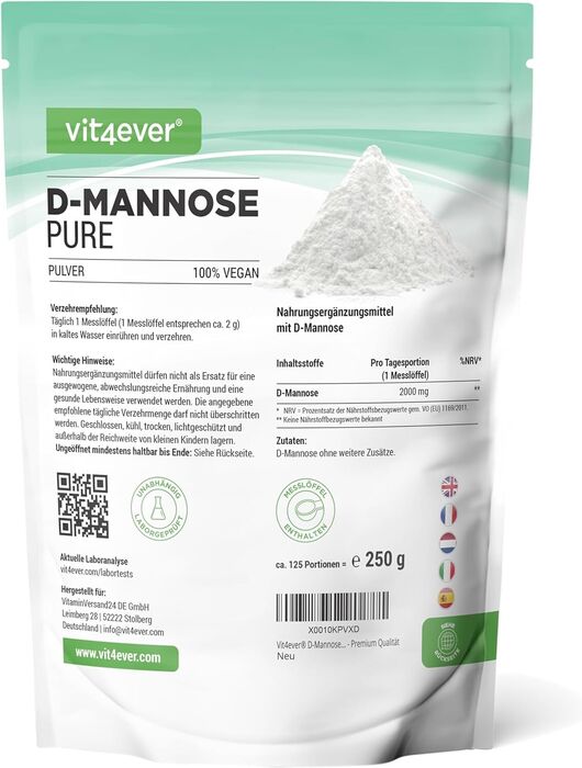 D-Manose em pó - 250 g - (fornecimento para 4,1 meses) - Fermentação vegetal - Puro e natural - Sem aditivos - Vegan