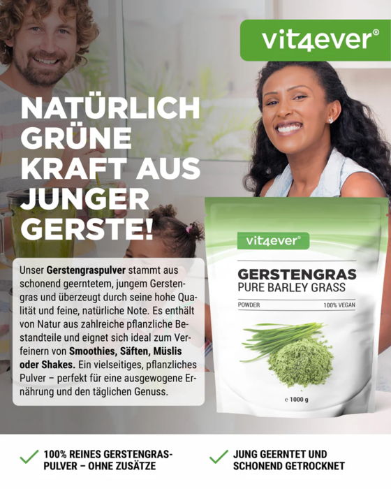 Grama de cevada - 1100 g (1,1 kg) - Pó de grama de cevada jovem - Origem Holanda - Rico em minerais e vitaminas