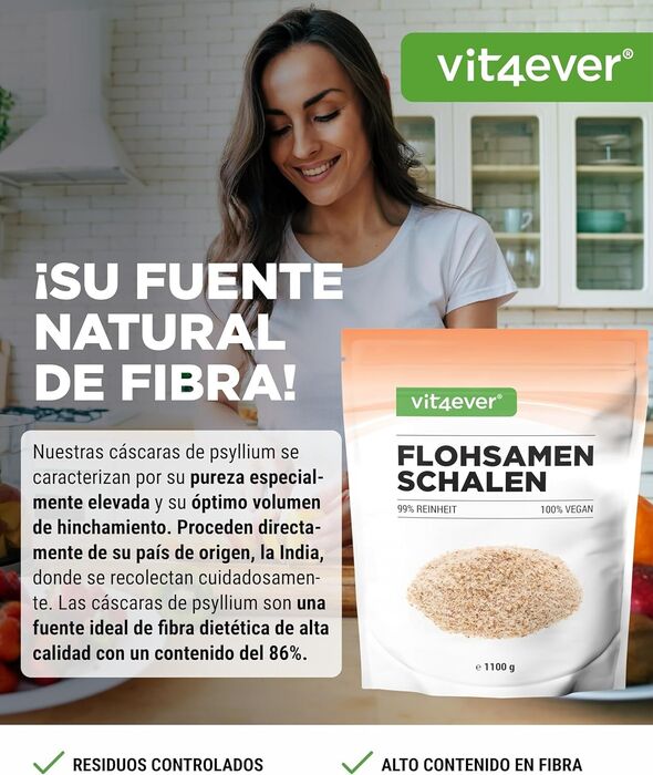 Cascas de psyllium 1,1 kg - 1100 g - resíduos controlados - 99% de pureza - Origem: Índia - Baixo em carboidratos - alto teor de fibra - sem aditivos - Vegan