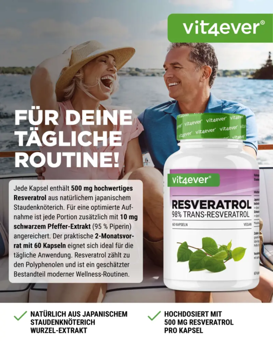 Resveratrol 500mg - 98% Trans-Resveratrol - 60 cápsulas vegan