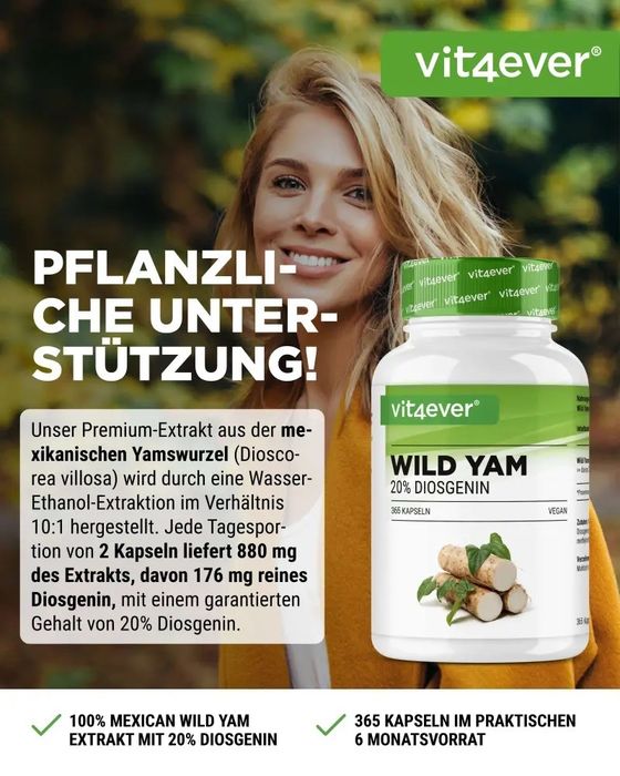 Inhame Selvagem - 20% diosgenina - 880mg por dia - 365 cápsulas