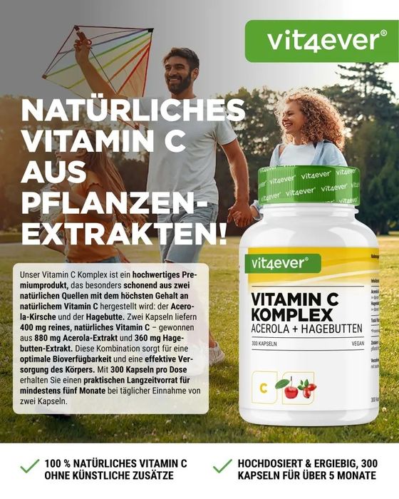 Complexo de Vitamina C (Acerola+Rosa Mosqueta), 300 cápsulas