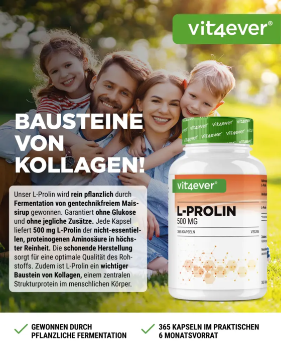 L-Prolina - 500 mg, 365 cápsulas